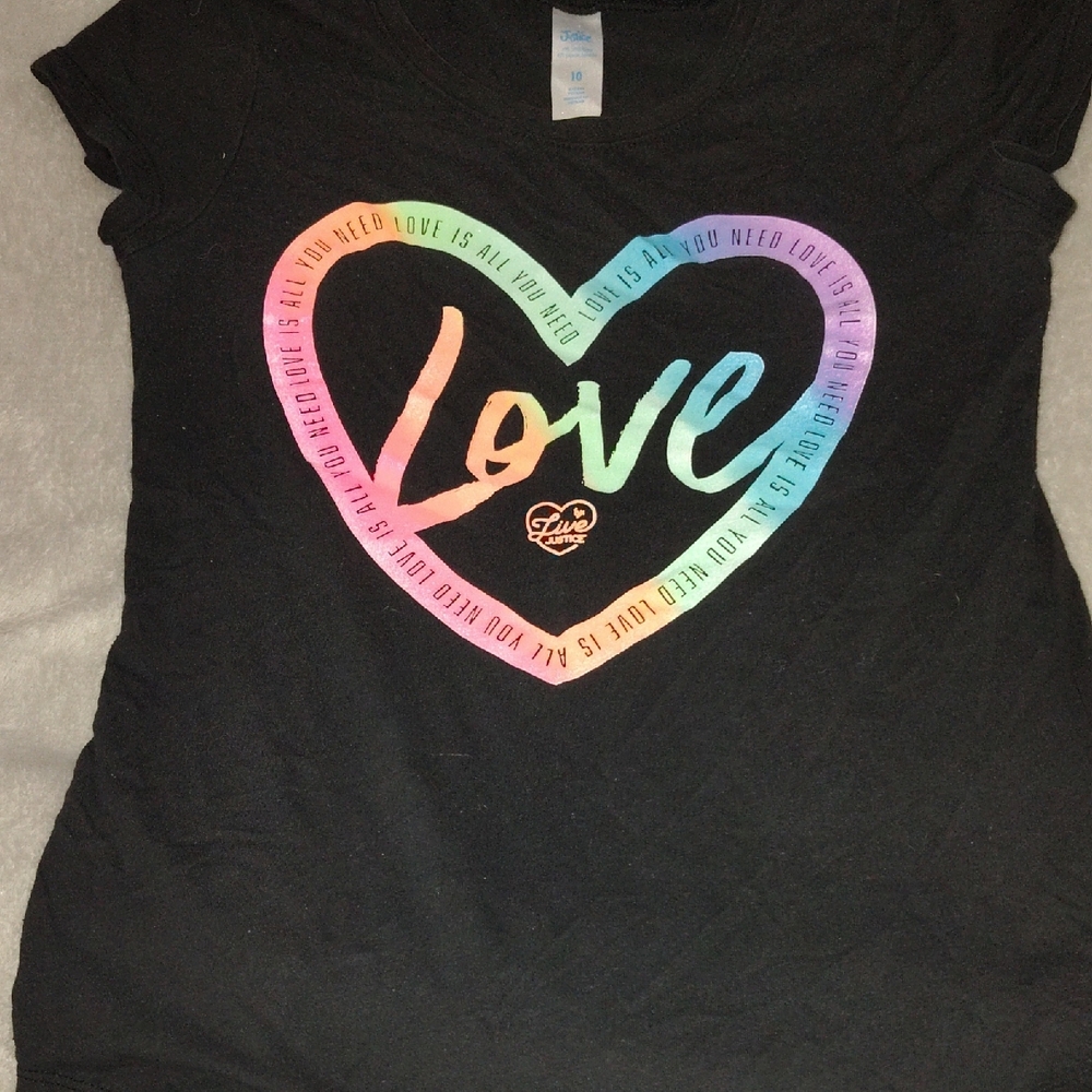 Justice Black Tee with Colorful Heart Design